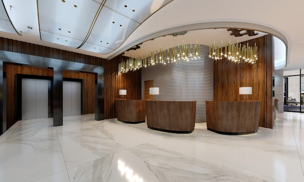 Area reception in un hotel moderno con banconi reception in legno e grandi lampadari dorati pendenti. rendering 3D.