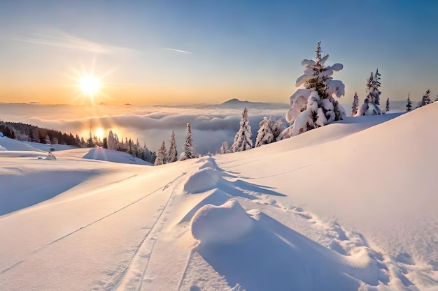 area sciistica in inverno con alberi coperti di neve e montagne sullo sfondo