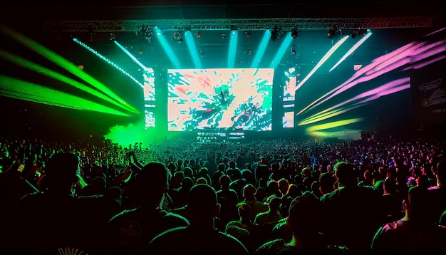 Arena degli eSport piena di fan acclamanti e luci a LED colorate I giocatori competono su un grande palco davanti a un enorme schermo che mostra il gioco IA generativa