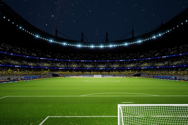 Arena dello stadio di calcio notturno con rendering di foto di alta qualità dei fan della folla