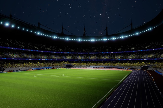 Arena dello stadio di calcio notturno con rendering di foto di alta qualità dei fan della folla