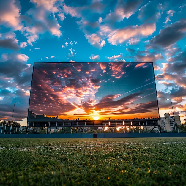 Arena di calcio americano con gol giallo, campo d'erba e tifosi sfocati al parco giochi, vista 3D, riflessioni, torce, concetto di outdoot, sport, campionato di calcio, spazio di gioco.