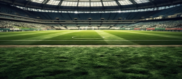 arena di calcio con gol giallo campo d'erba e tifosi sfocati al parco giochi vista 3D rendering torce