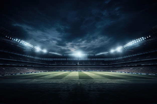 Arena di calcio deserta illuminata da luci di notte