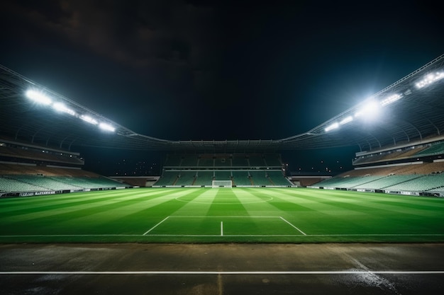 Arena di calcio notturna vuota con campo da calcio illuminato, erba verde e sfondo da calcio