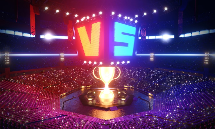Foto arena di e-sport nel paesaggio di incandescenza, illustrazione della rappresentazione 3d.