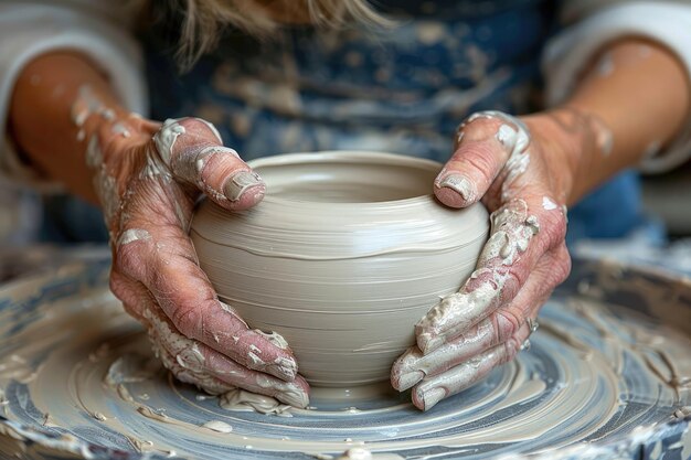 argilla sul tavolo dei vasieri con le mani che formano la pentola di argilla fotografia professionale