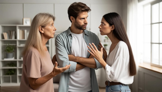 Argomentazione familiare Discussione intensa Tre adulti Casa Interno