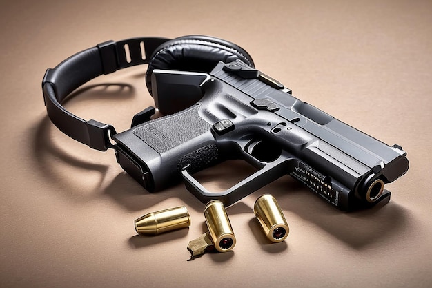 Arma affilata di pistola Glock Cartucce e cuffie per proteggere le orecchie