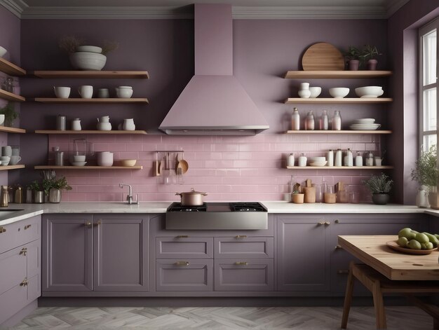 Armadi da cucina grigi e bancone bianco vicino al backsplash a piastrelle rosa