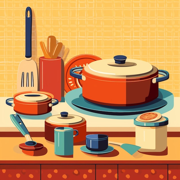 Armadietti da cucina con utensili da cucina e utensili per la cottura
