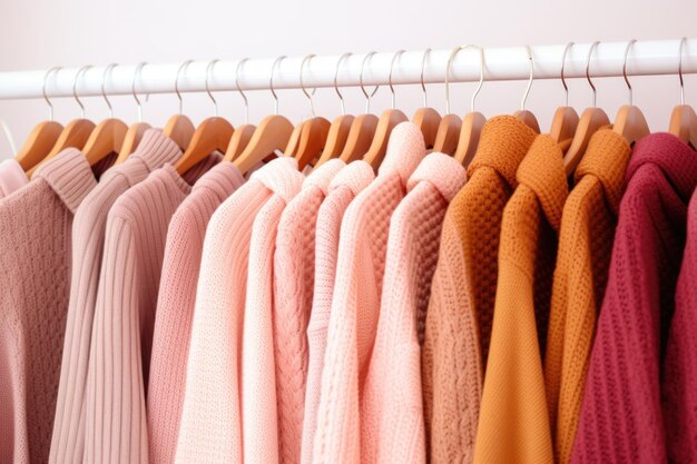 Armadietto di moda rosa accogliente e confortevole cardigan a maglia appesi a un gancio