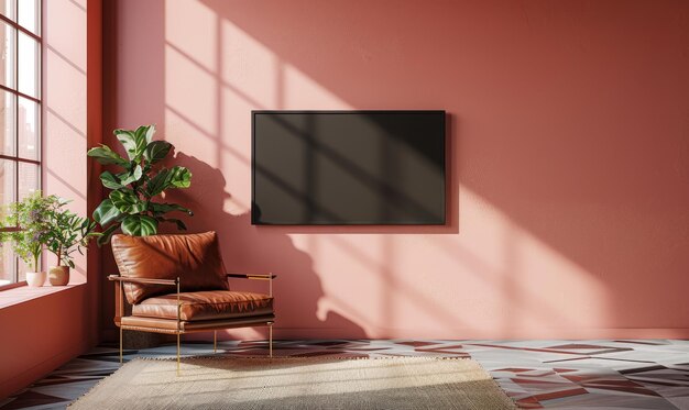 Armadietto per TV e accessori decorazione all'interno del soggiorno su uno sfondo rosa vuoto