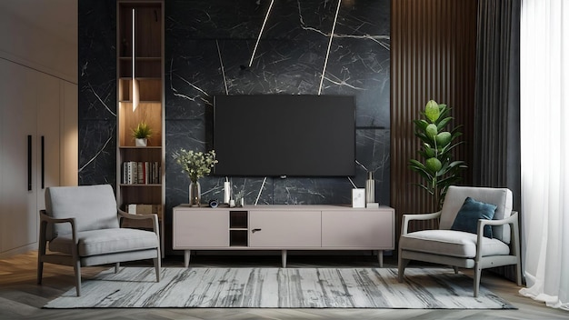 Armadietto televisivo in salotto moderno con poltrona e pianta su parete di marmo scuro rendering 3D