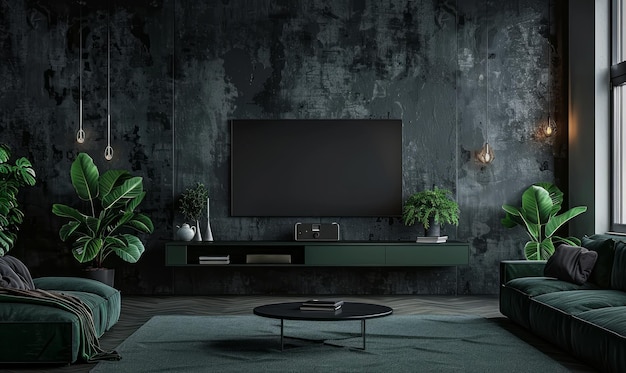 Armadietto verde per TV e accessori decorazione all'interno del soggiorno sullo sfondo vuoto e scuro della parete