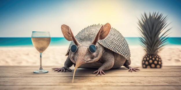 Armadillo è in vacanza estiva in località balneare e si rilassa sulla spiaggia estiva