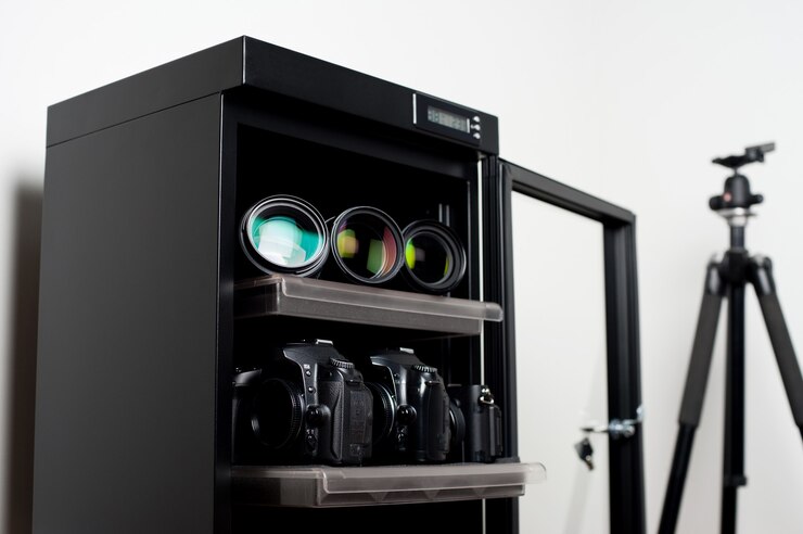 Foto armadio a secco per deumidificazione elettronica per riporre obiettivi di fotocamere e altre apparecchiature fotografiche