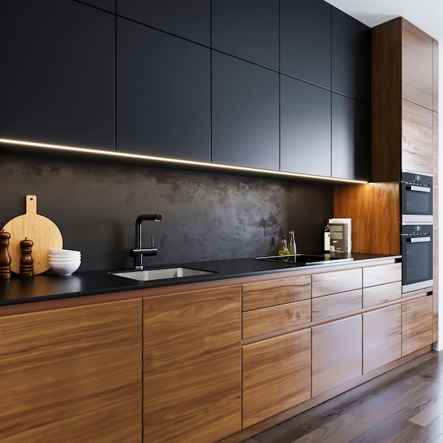 armadio in legno cucina con forno 3d render interni