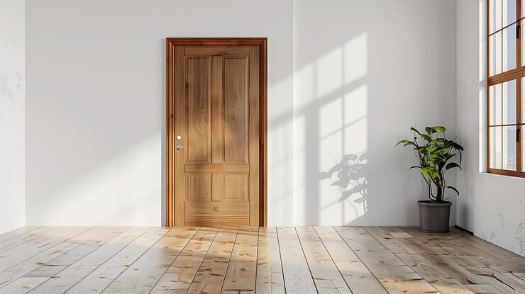 Foto armadio in legno porta d'ingresso anteriore e parete bianca con spazio di copia nella stanza m ai generativa