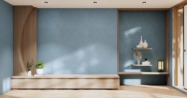 Armadio in moderno soggiorno zen su parete azzurra background3d rendering