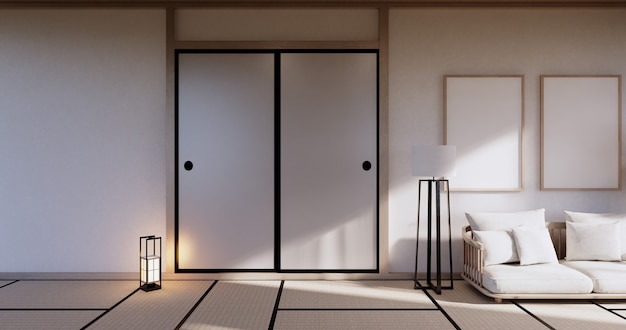 Armadio in soggiorno con pavimento in tatami e poltrona divano design.3D rendering