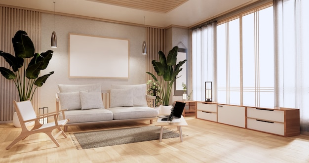 Armadio in soggiorno con pavimento in tatami e poltrona divano design.3D rendering