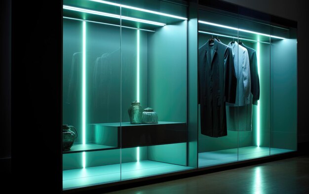 Armadio moderno con luci LED, vetro chic, IA generativa