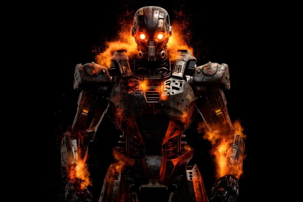 Armata di robot guerrieri d'acciaio sullo sfondo di esplosioni di fuoco generativa ai