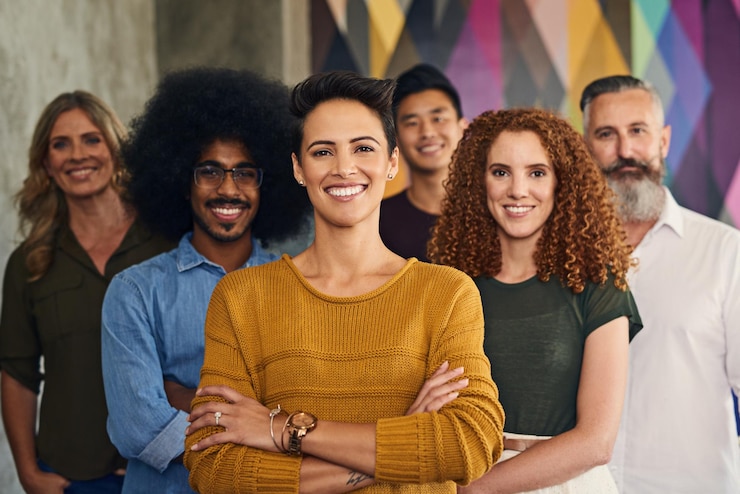 Foto armate incrociate sorriso e ritratto di gruppo di dipendenti e creatività della scrittrice donna leader e startup squadra felice e diversità nel viso d'affari e persone con fiducia insieme e redattore