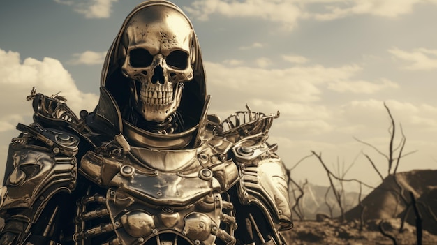 Armatura di scheletro robusto nel deserto apocalittico cinematografico Gamercore Fashion