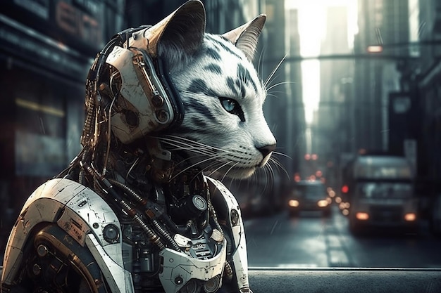 Armatura futuristica della scena surreale di Cyberpunk che indossa il gatto