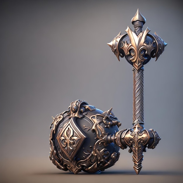 Armi da guerra in metallo prezioso e acciaio del Medioevo con spada