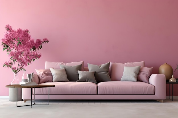Armonia in contrasto divano grigio con cuscini vicino a parete rosa IA generativa