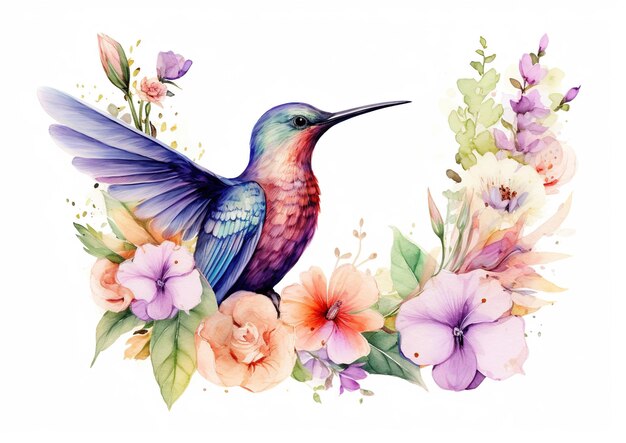 Armonia stravagante Grazioso colibrì tra fiori che sbocciano su uno sfondo bianco Ai generativo