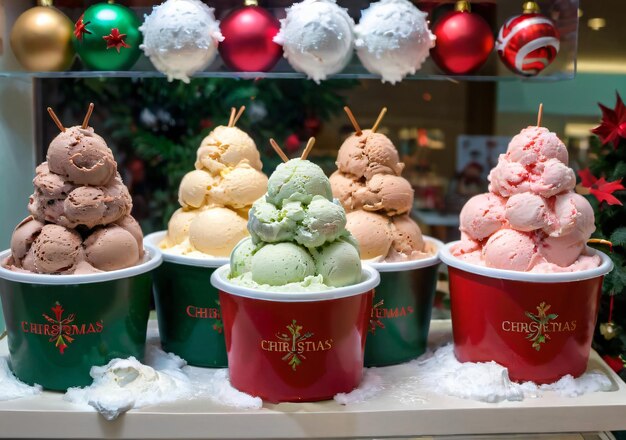 Aromi di gelato a tema natalizio in un negozio con una vetrina festiva