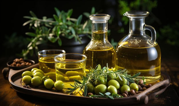Aromi naturali Bottiglia di vetro di olio d'oliva su tavolo di legno