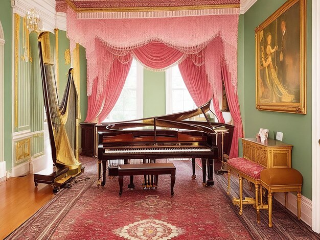 Arpa e pianoforte nella sala da musica della casa