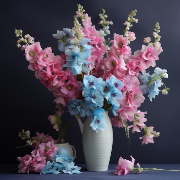 Arrangamento Delphinium Vaso floreale 3D verde e rosa