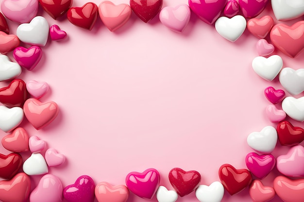 Arrangiamento di cuori colorati su uno sfondo rosa morbido