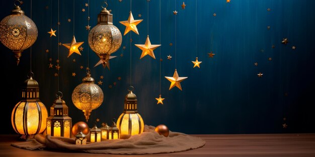 arrangiamento di decorazioni del Ramadan tra cui lanterne fanoos e stelle