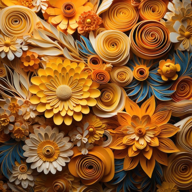 Arrangiamento di fiori di carta vibrante con spirali e composizione dispersa