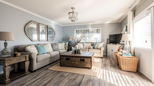 Arredamento accogliente del soggiorno grigio con mobili costieri in stile costiero Generativo Ai