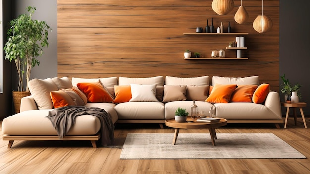 Arredamento accogliente del soggiorno Moderno design d'interno con comodo divano Arredi eleganti e atmosfera rilassante