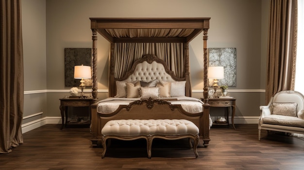 Arredamento camera da letto home interior design Stile classico tradizionale con lampadario decorato con materiale in legno e marmo Generativo AI AIG26