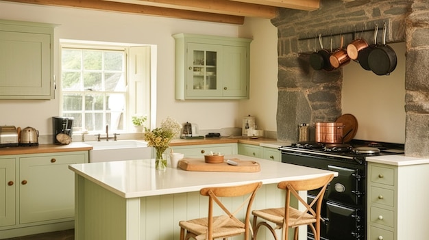 Arredamento cucina casa colonica interior design e arredamento casa verde salvia inglese in mobili cucina a telaio in una casa di campagna elegante ispirazione stile cottage