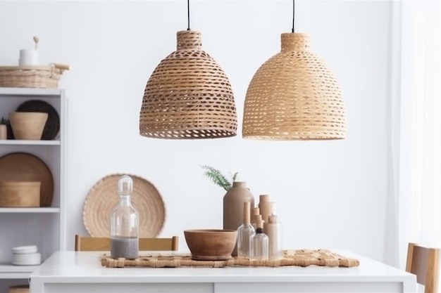 Arredamento da tavolo in rattan da pranzo in stile beige, lampada da cucina, mobili AI generativa