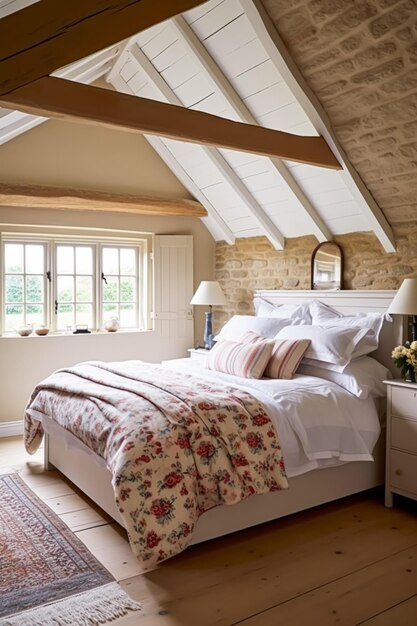 Arredamento della camera da letto del cottage interior design e letto in affitto per le vacanze con biancheria da letto elegante e mobili antichi Casa di campagna inglese e stile rustico