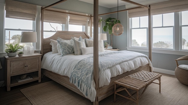 Arredamento della camera da letto, design di interni per la casa, stile costiero da spiaggia con vista sull'oceano, decorato con materiale in legno e vimini AI generativo AIG26