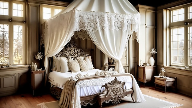 Arredamento della camera da letto di un hotel di lusso di ispirazione vittoriana con letto a baldacchino, tende in pizzo e mobili antichi