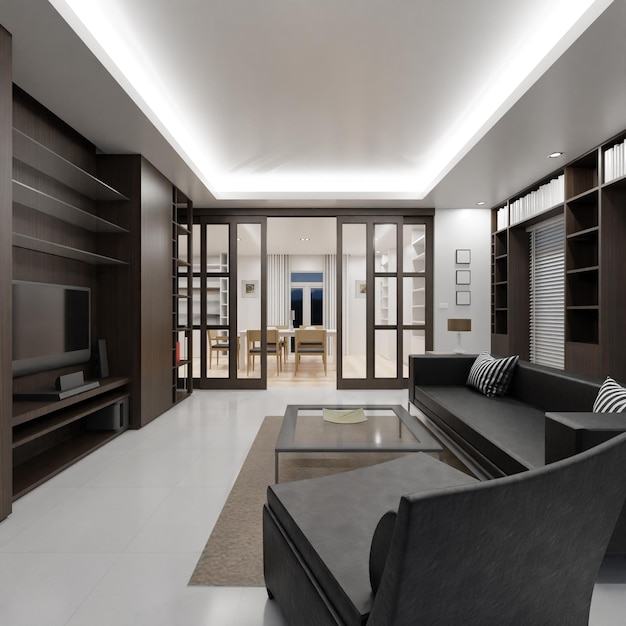 Arredamento per la casa Soggiorno Rendering 3D di interni eleganti Illustrazione 3D di un appartamento moderno